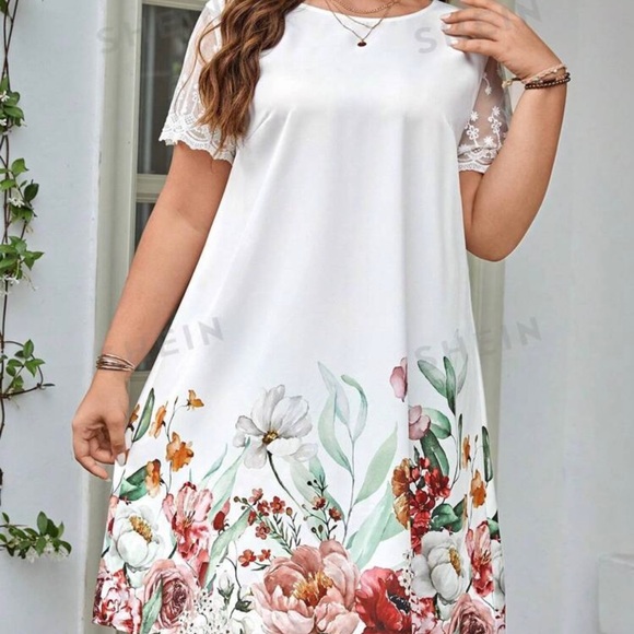 Shein Lune Plus Floral Print Embroidery Mesh Tunic Dress - Picture 3 of 6